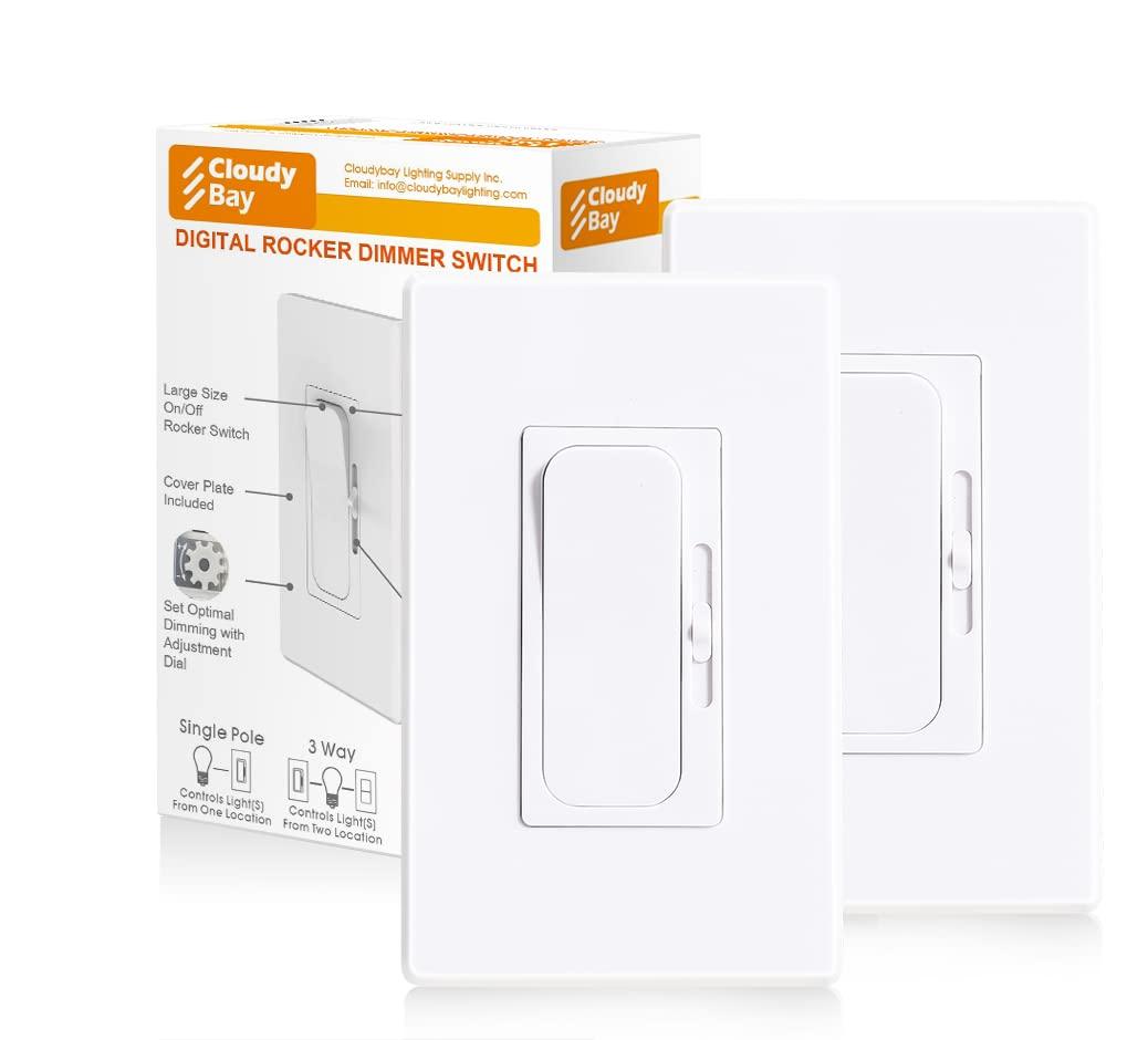 CLOUDY BAY LED Digital Dimmer Switch for LED Light/CFL/Incandescent, Phrase Cut Dimming 600 Watt max,Cover Plate Included,White,2 Pack