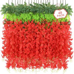 48Pcs Artificial Wisteria Hanging Flowers, 3.6Ft/Pcs Red Fake Wisteria Garland for Wedding Party Home Garden Indoor Outdoor Decoration