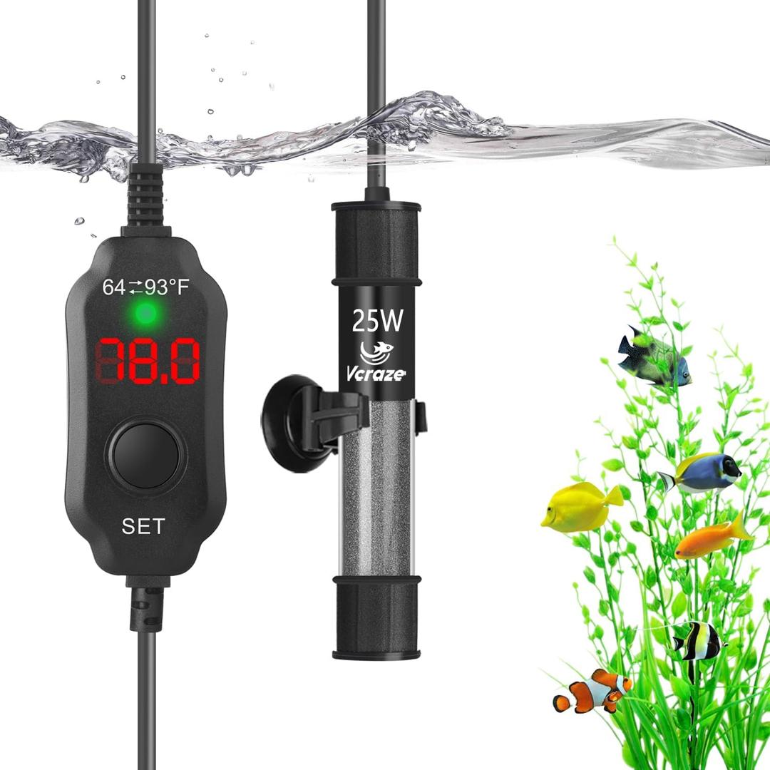 25W Compact Aquarium Heater for 3-5 Gallon Tanks | Super Short Submersible Fish Tank Heater with LED Digital Thermostat, Dry-Run & Overheat Protection, Memory Function