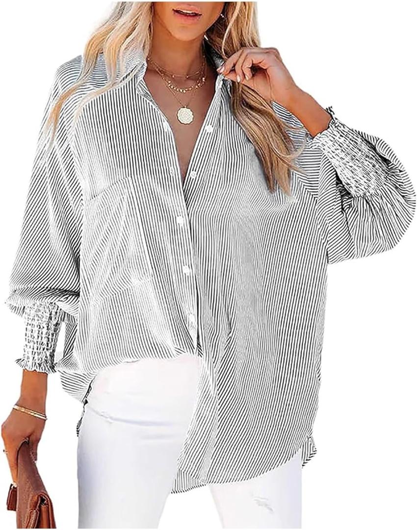 Women's Smocked Cuffed Striped Boyfriend Shirts Button Down Casual Collar Long Sleeve Blouse Shirt Tops (Blue, XXL)