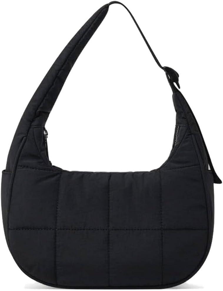 Small Crescent Puffer Purse Shoulder Bag for Women Nylon Quilted Purses Bag Adjustable Shoulder Strap Puffy bag (Black)