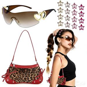 JATEBI Y2K Accessories Set 18-Piece Include Y2k Leopard Shoulder Bag Retro Sunglasses & 16 Hair clip for Woman, Grunge Aesthetic Festival Gift