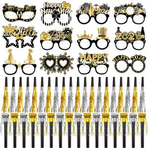 Openfly 60Pcs New Years Eve Party Supplies 2026 Happy New Year Eyeglasses with New Year Noise Makers Metallic Fringed Party Blowers for 2026 New Years Party Decorations