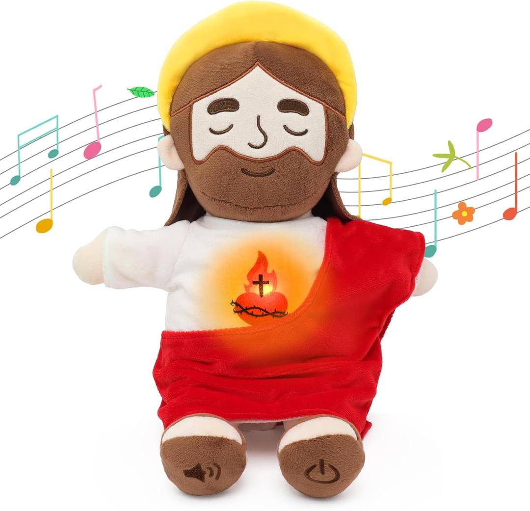 Soothing Jesus Plush Toys with Light & Sound, 15" Jesus Stuffed Breathing Plushy Doll, Christian Catholic Religious Plushie Christmas Easter Gifts for Kids Baby (Red)