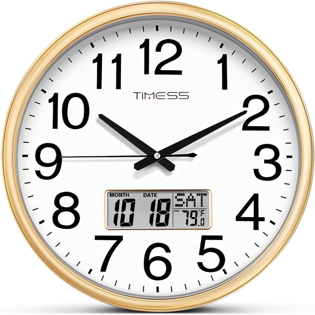 Wall Clock, 11 Inch Non-Ticking Silent Battery Operated Quartz Analog with LCD Display for Perpetual Calendar and F Temperature, Ideal Modern Home, Bedroom, Kitchen, Office Dcor (Gold)