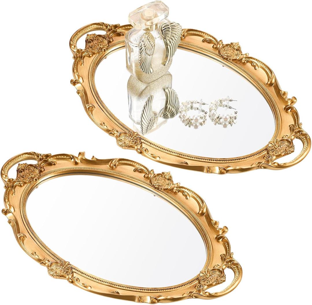 Reallnaive 2 Pcs Antique Decorative Mirror Tray Gold Makeup Organizer Gold Mirror Tray Vintage Perfume Tray Jewelry Organizer Vintage Serving Tray, 15.35 x 9.45 Inch