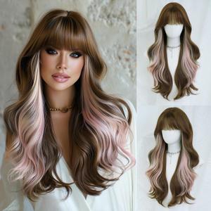 7JHH WIGS 28IN Brown Ombre Pink Long Wavy Bangs Wigs Natural Mixed Two Tone Heat Resistant Synthetic Fiber Women Curly Wigs for Christmas Daily Party Daily Used