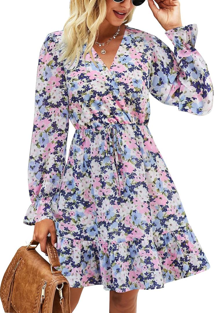 KIRUNDO Women Casual Summer Fall Dresses Long Sleeve Floral Wrap V Neck High Waist Ruffle Tiered A Line Flowy Mini Dress(Apricot Flower, Medium)