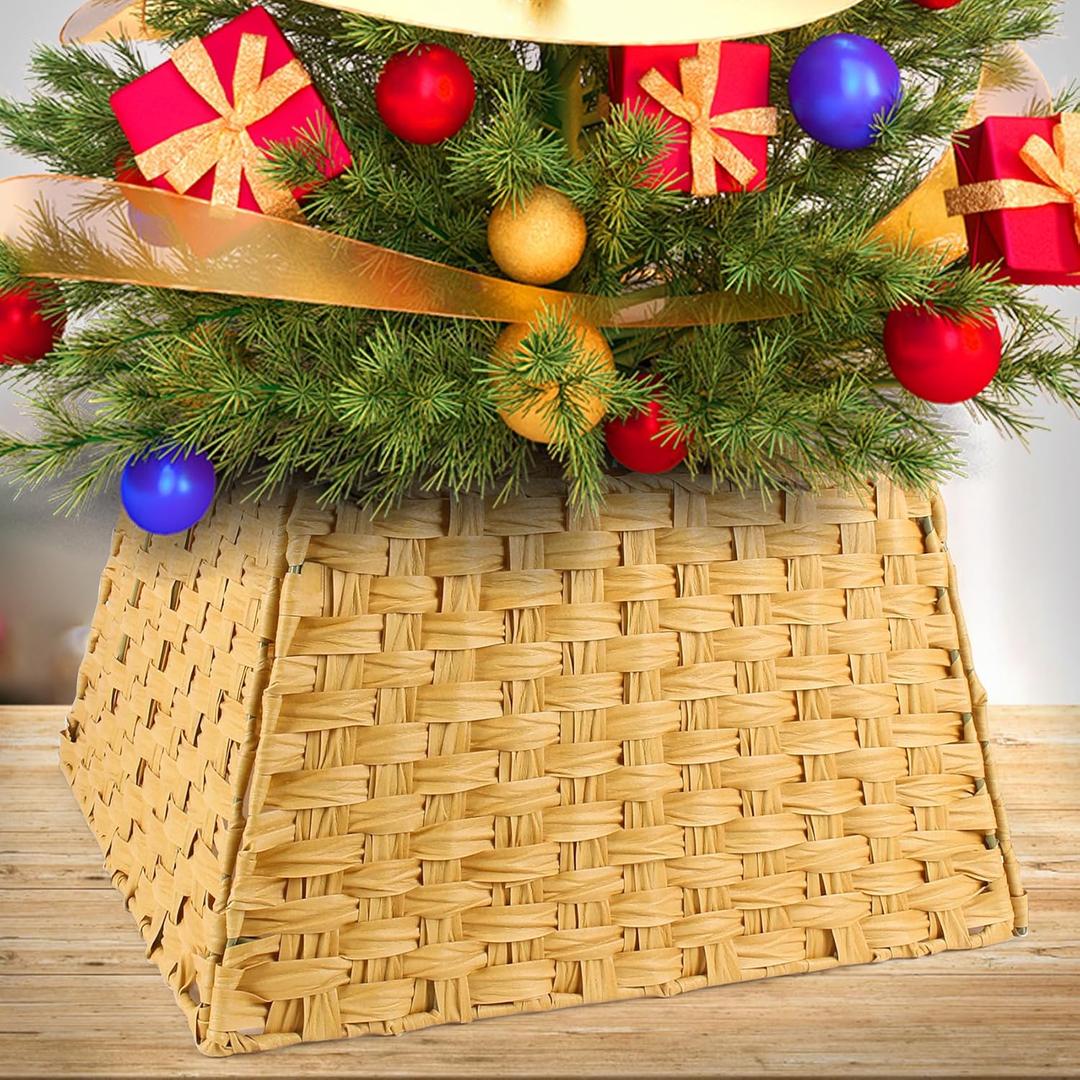 Christmas Tree Collar 24'', Woven Wicker Tree Collar for Artificial Trees, Wicker Tree Skirt Basket for Christmas Tree Base Rustic Farmhouse Tree Ring for Home Decor, Gold