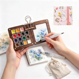 Mini Watercolor Paint Set, Travel Watercolor kit with paint brushes, 15 acrylic paint, watercolor workbook, paint palette,Storage Bag, and Metal Clip, or Artists, Amateur Hobbyists and Painting Lovers