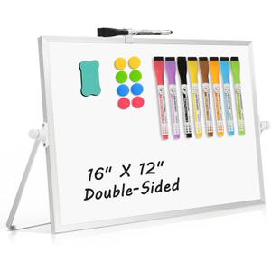 Dry Erase Magnetic White Board, 16" x 12" Double-Sided Desktop Whiteboard with Stand, Portable Small Whiteboard Set for Drawing, Office, Home