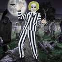 Black and White Striped Suit Men Scary Halloween Costumes Adult Horror Comedy Movie Character Cosplay Outfit Shirt Tie (X-Large)