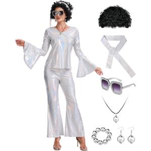70s Disco Costume for Women-Disco Outfit with Sequin Top & Bell Bottoms,Wig,Earrings,glasses,Necklace,Headband, (Silver, Large)