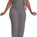 HBQ Women's Summer 2 Piece Outfits Casual Tracksuit Short Sleeve Button Down Crop Top Wide Leg Long Pant Lounge Sets, Large, Grey