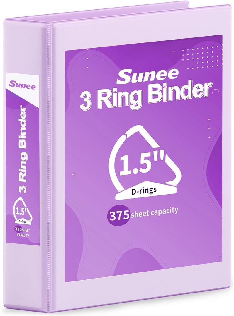 SUNEE 3 Ring Binder 1.5 Inch D Ring, Clear View Binder Three Ring PVC-Free (Fit 8.5x11 Inches) for School or Office Supplies, Light Purple, 1 Pack