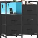 Somdot Black Nightstand with Charging Station and LED Light, Wide 5 Drawers Dresser for Bedroom with Fabric Bins and Open Shelf for Bedroom Kids Closet Dorm Guest Room, Black