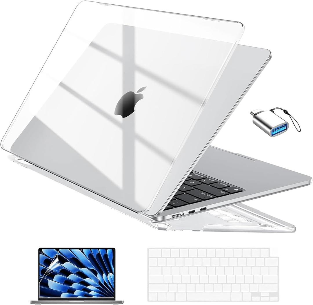 EooCoo Compatible with MacBook Air 13 inch Case 2025 2024-2022 M4 M3 M2 Model A3240 A3113 A2681, Mac Air 13.6 inch Transparent Hard Shell & Keyboard Cover & Screen Film & Type-C, Shiny Crystal Clear