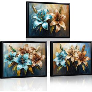 LevvArts Floral Wall Art Lily Flowers Painting Canvas with Black Frame Teal Brown and Gold Bathroom Wall Decor, 3 Packs
