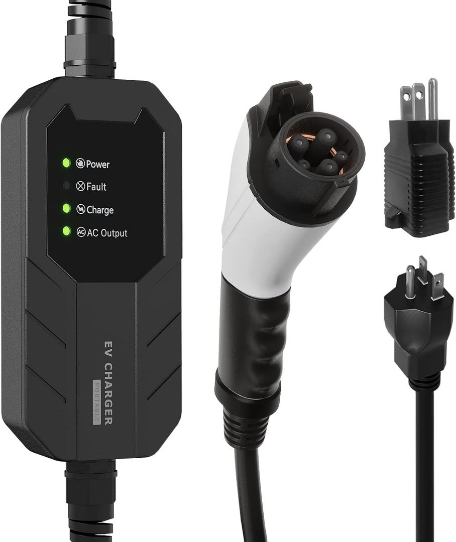 Skysword  Level 1-2 EV Charger, 100-240V 16A 25FT Portable EVSE, NEMA 6-20 Plug with NEMA 5-15 Adapter Electric Vehicle Charging Station (Black)
