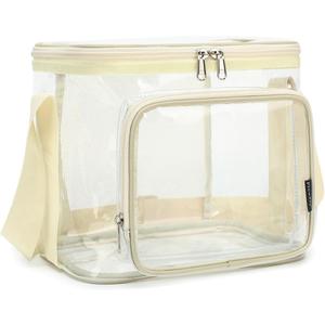 FlowFly Insulated Reusable Lunch Bag Adult Large Lunch Box for Women and Men with Adjustable Shoulder Strap,Front Zipper Pocket and Dual Large Mesh Side Pockets,Clear#Biege