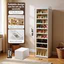 ROOM127 Foldable Shoe Cabinet, Tall 8-Tier Shoe Rack with Boot Shelf | ROOM127 Foldable Shoe Cabinet, 8-Tier Shoe Rack with Tall Boot Shelf Holds Up to 18 Pairs, White Frame with Light Amber Doors