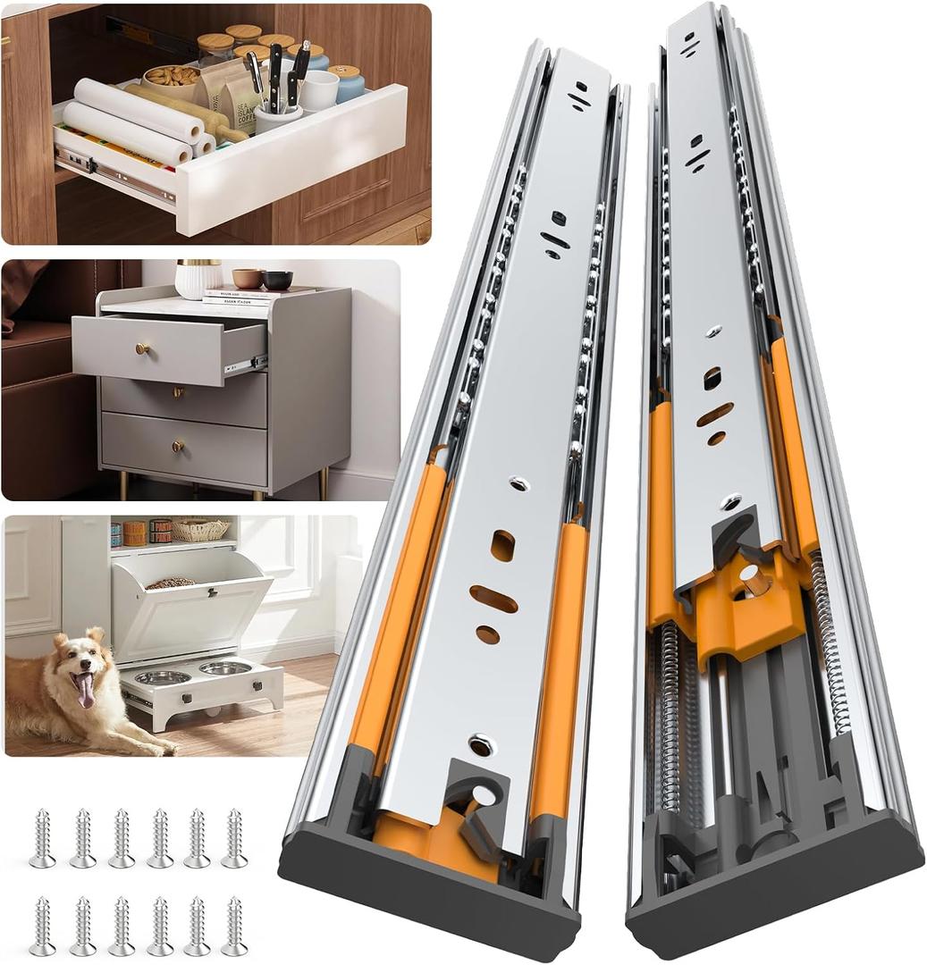 Furniware 1 Pair 18 Inch Soft Close Drawer Slides Side Mount, 3 Fold Full Extension Ball Bearing Heavy Duty Cabinet Drawer Glides, Quiet Smooth Close Kitchen Cabinet Rails 100 LB Capacity