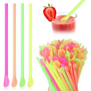 Eaasty 1000 Pcs Snow Cone Spoon Straws, Flexible Plastic Flexible Disposable Drinking Straws, Disposable Plastic Sip Stir Sticks (Yellow,Green,Orange,Rose Red)