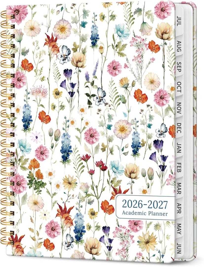 Planner 2026-2027, Academic Year Monthly and Weekly Calendar Planner, Jul 2026 - Jun 2027, Hardcover Teacher Student Planning Agenda book with Tabs, Perfect for School Office Supplies, 6.3" x 8.5" - Wildflowers