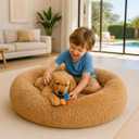 Calming Dog Bed - Fluffy Donut Cuddler for Anxiety Relief, Orthopedic Pet Bed with Non-Slip Bottom, Cozy Round Faux Fur Nest for Dogs and Cats, Plush Crate Mat for Comfort (Brown, Small)