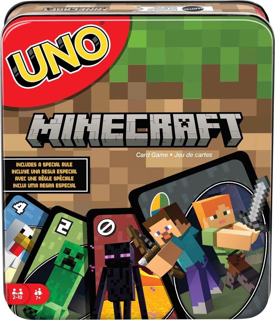 Mattel Games UNO Card Game, Gifts for Kids and Family Night, Themed to Minecraft Video Game, Travel Games, Storage Tin Box