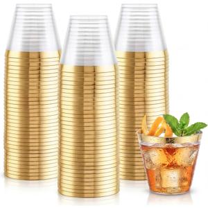Hioasis 200Pcs 9OZ Clear Cups - Plastic Disposable Cups with Gold Trim, Heavy Duty & BPA-free for Party, Wedding, Reception