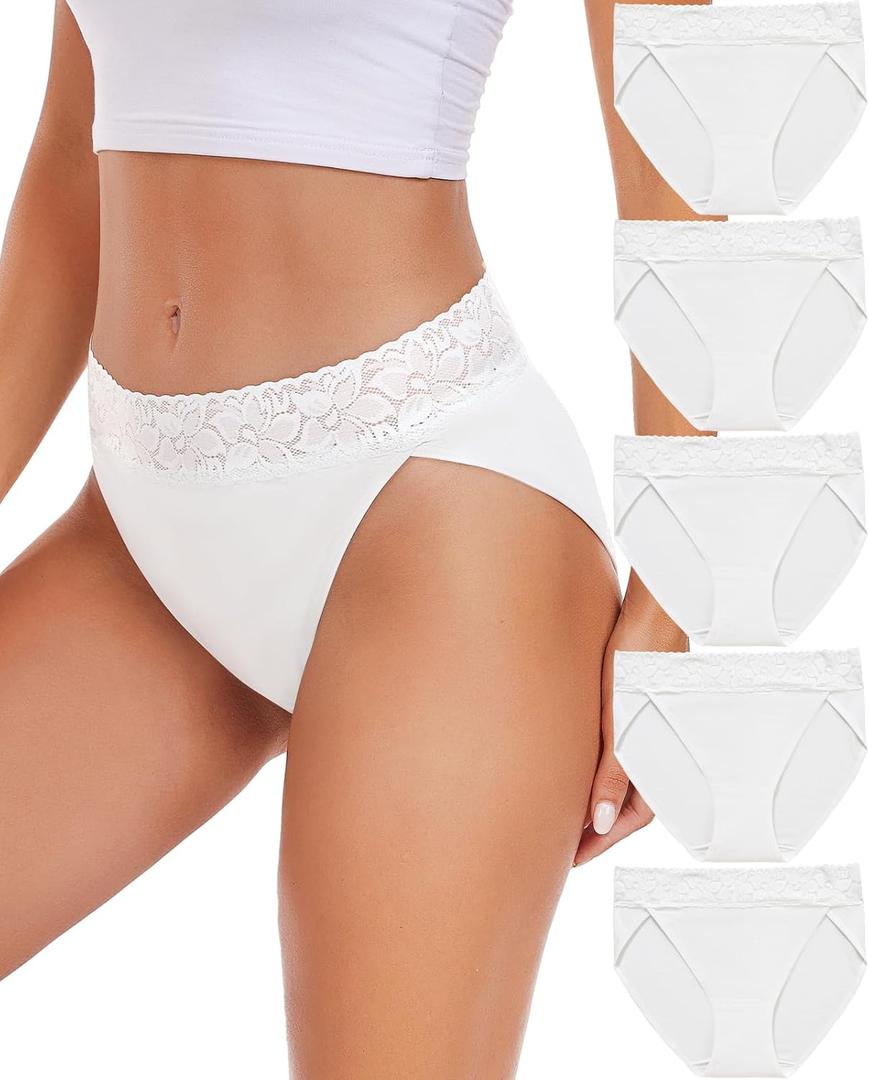 RHYFF Womens Underwear Cotton Bikini Panties High Cut Lace Panty Stretch Hipster Underpants Ladies Briefs, XL (White)