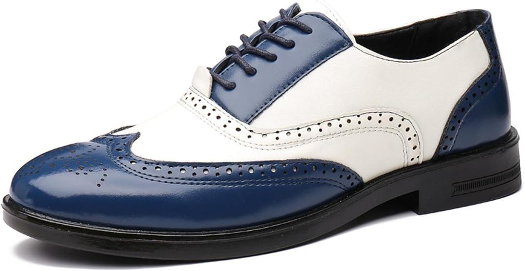 Men's Patchwork Two Tone Brogue Oxfords Shoes Fashion Hand Stitched Leather Dress Shoes Round-Toe Lace up Low Top Business Formal Derby Shoes, Size 9.5