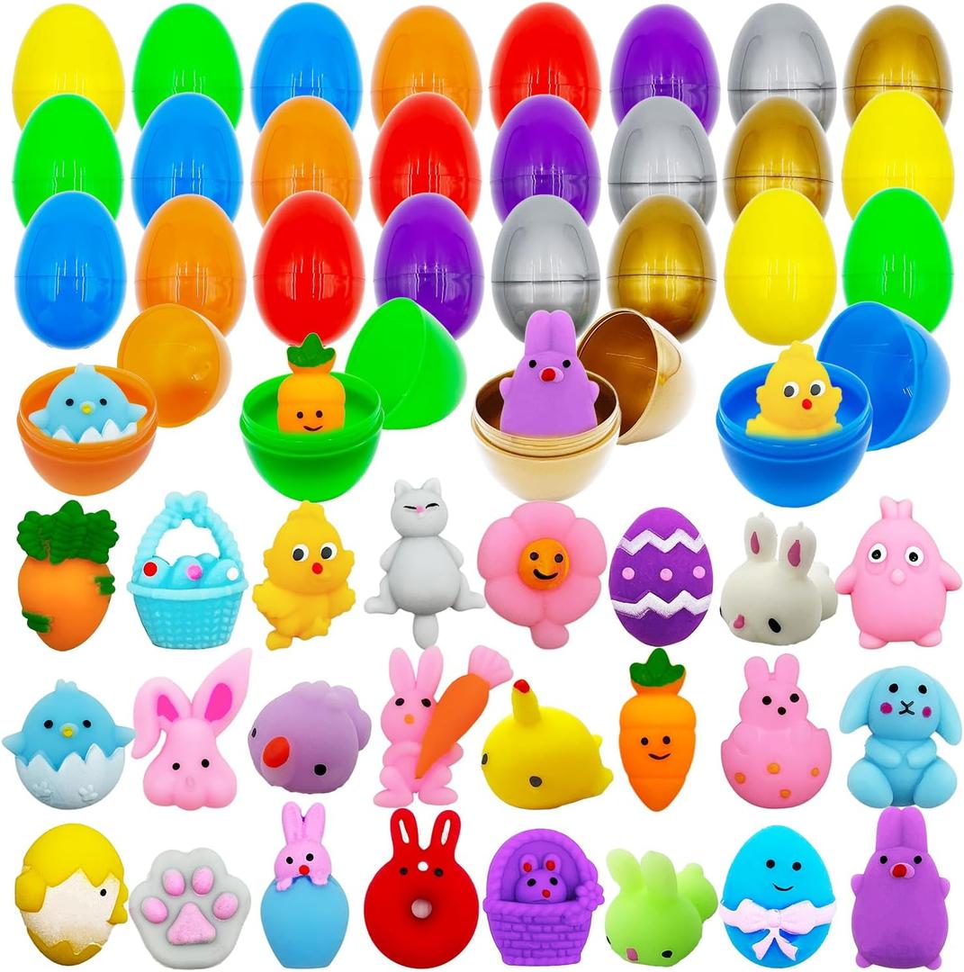 24 Pack Easter Mochi Squishy Toys Filled Easter Eggs, Plastic Easter Eggs Filled with Easter Squishy Toys for Eggs Hunt, Gifts for Kids Boys Girls Party Favors, Easter Basket Stuffers