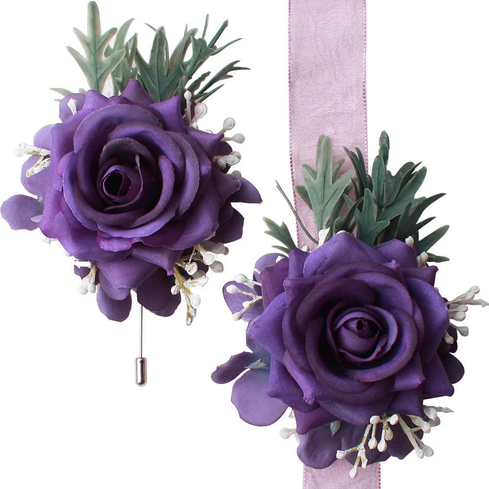 Rose Wrist Corsage and Boutonniere Set for Wedding Prom Ceremony Anniversary Party Decoration (Purple)