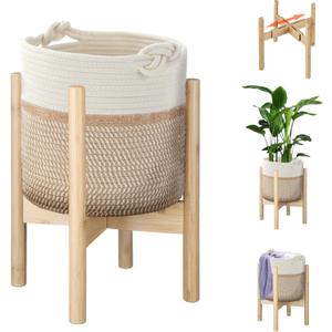 Flower Pot Rattan Plant Stand Planter with Stand, Tall Indoor Boho Woven Wicker Storage Basket with Adjustable Wood Shelf (White & Brown)