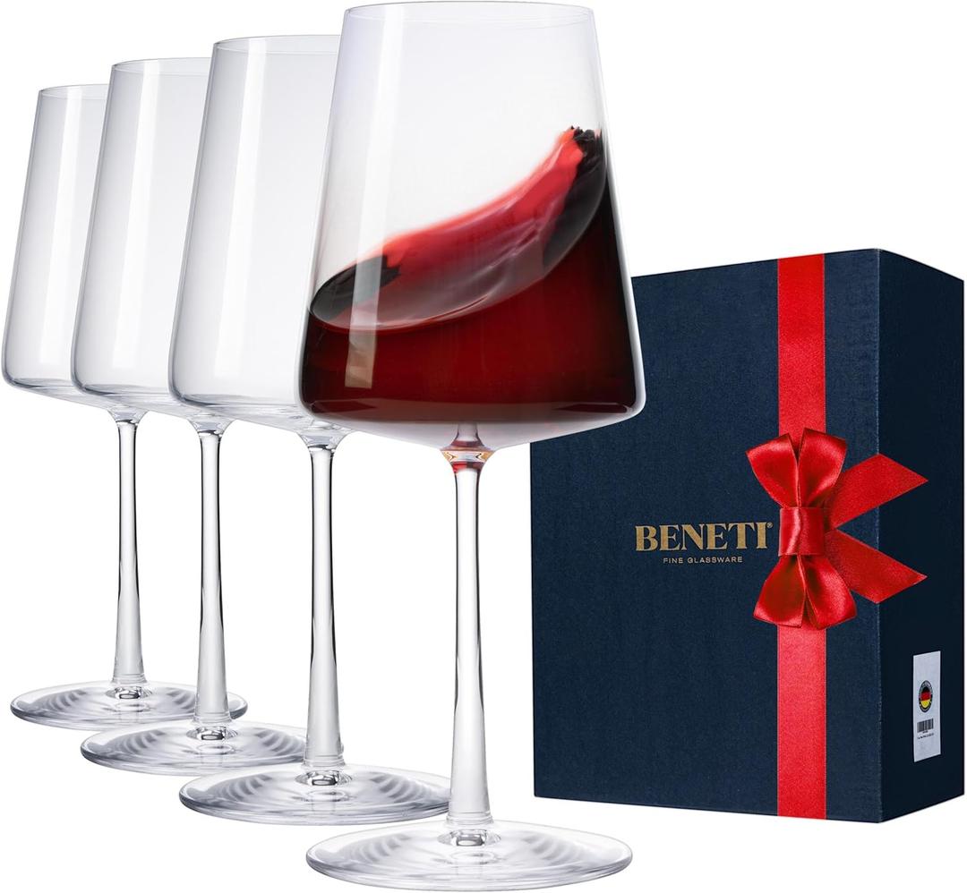 BENETI Wine Glasses Set of 4 | 17oz Handmade Luxury Crystal Red & White Long Stem Glass | Unique Modern Shape, Packaged In Beautiful Gift Box