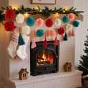 Tissue Paper Pompom Garland with Cotton Tassels, 2 Pcs Christmas Garland for Mantel, Window, Staircase, Holiday Party Decorations, Christmas Hanging Decorations, Green Red Pink Pompom
