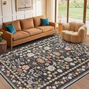 5x7 Area Rug Living Room Rugs - Washable Boho Vintage Floral Large Soft Non Slip Thin Rug Low Pile Carpet for Bedroom Dining Room Kids Playroom Office Decor Indoor- Black Grey