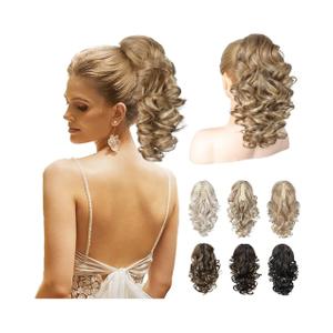 REECHO 12" Ponytail Extension, Classic Loose Curly Wavy Claw Clip Pony tails Hair Extensions Hairpieces for Women - Dark Blonde with Highlights