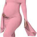 JustVH Women's Maternity Long Sleeve Off Shoulder Pregnancy Photography Dress for Baby Shower Photoshoot Party (X-Large, Pink)