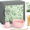 Pink Traditional Matcha Whisk Set, 5 Pcs Japanese Matcha Kit with Chawan Ceramic Bowl with Spout, Chasen Bamboo Whisk and Holder, Scoop, Sifter - Matcha Set Kit Gift for Ceremony Matcha Lattes Lover