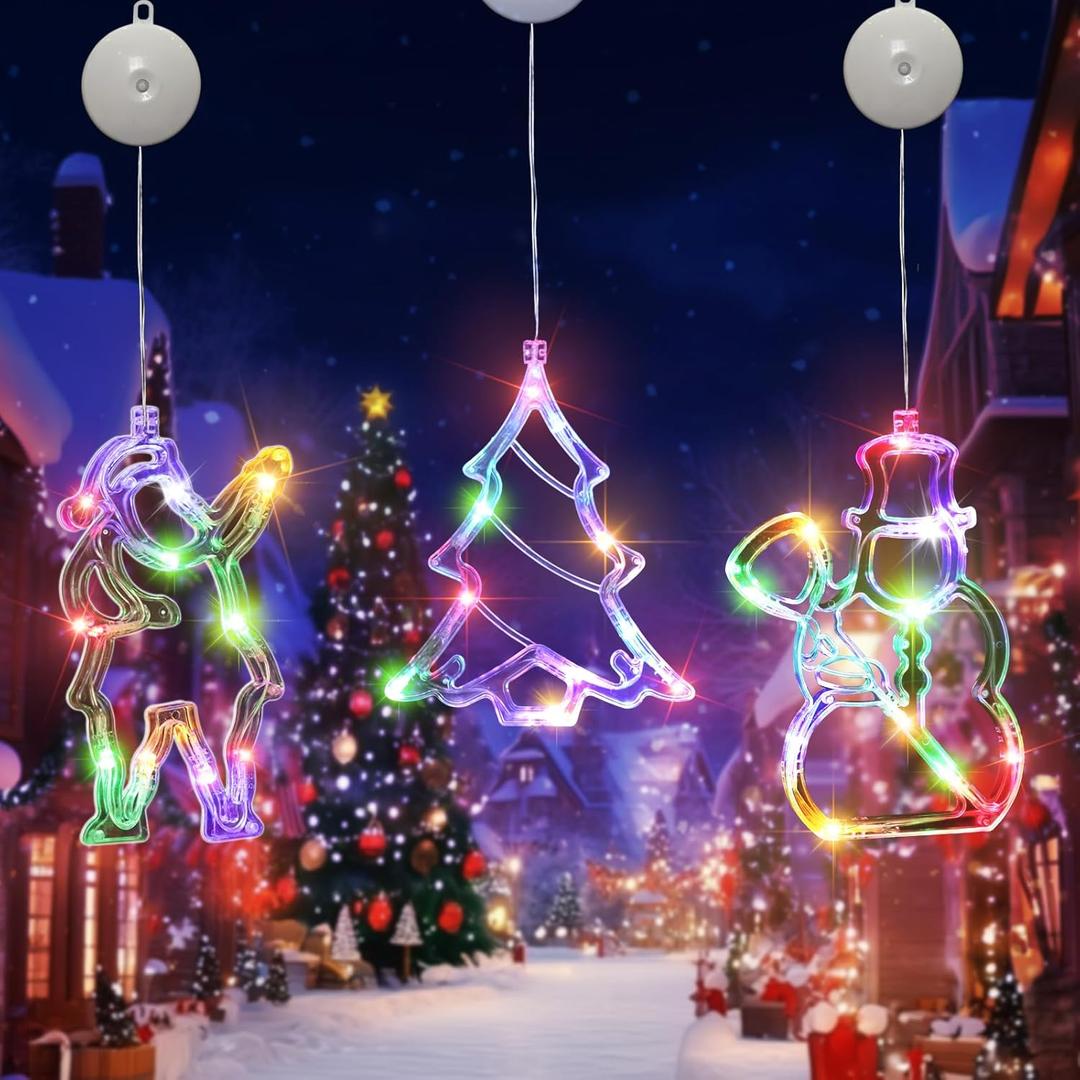 Christmas Window Lights Decorations, 3PCS Christmas Hanging Lights Santa Claus Snowman Christmas Tree Battery Operated Indoor Lights with Suction Cup for Fireplace New Year Window Decorations