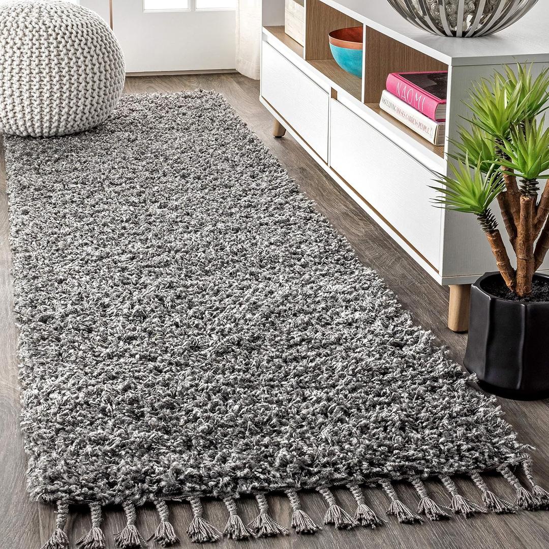 JONATHAN Y Mercer Shag Plush Tassel Charcoal Runner Rug, 2x8, Contemporary, Modern, Easy-Cleaning for Living Room, Bedroom, Kitchen, Pet Friendly, Non-Shedding (MCR100B-28)