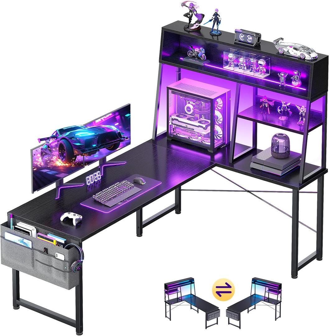 AODK L Shaped Gaming Desk with Led Lights, 59 Inch Reversible Gaming Computer Desk with Display Shelves, PC Gamer Desk Gamer Table with Storage Bag, L Desk for Game, Black