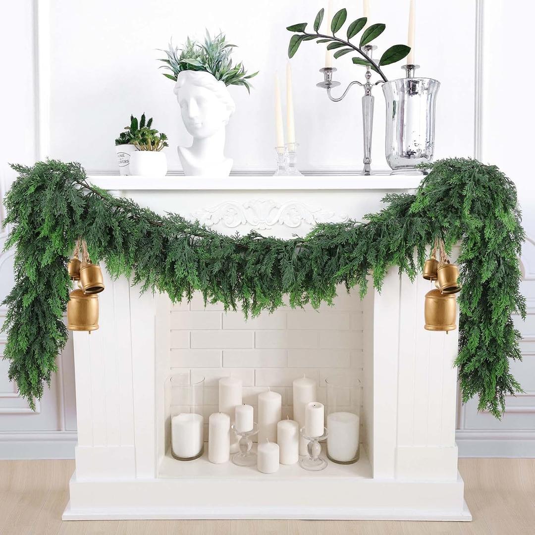2 PCS 9 Ft Christmas Cedar Garlands, Artificial Cedar Pine Garland, Realistic Green Artificial Greenery Garland for Table, Mantle, Wall, Indoor, Outdoor Christmas Decorations (2, 9 FT)