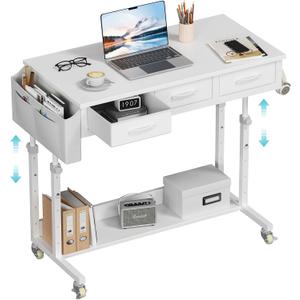 White Portable Rolling Computer Desk - 40 Inch Adjustable Mobile Standing Teacher Desks with 3 Fabric Drawers on Wheels, Couch Sofa Side Laptop Stand Up Table with Storage for Home Office, White