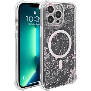 for iPhone 13 Pro Case Clear Magnetic, Compatible with MagSafe, Ocean Marine Animals Pattern, Slim Shockproof Camera Lens Protection Phone Case for Women Men 6.1" - Pink