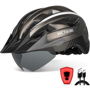 VICTGOAL Bike Helmet with USB Rechargeable Rear Light Detachable Magnetic Goggles Removable Sun Visor Mountain & Road Bicycle Helmets for Men Women Adult Cycling Helmets (M: 54-58 cm, Ti)