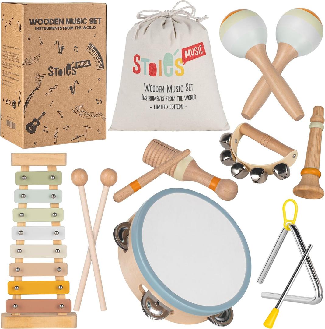Stoie's Wooden Kids Musical Instruments for Babies and Toddlers 3-9 Years Old, Montessori Educational Music Toy with Xylophone, Tambourine, Hand Bell, Triangle, Maracas, Durable, Storage Bag, Unisex